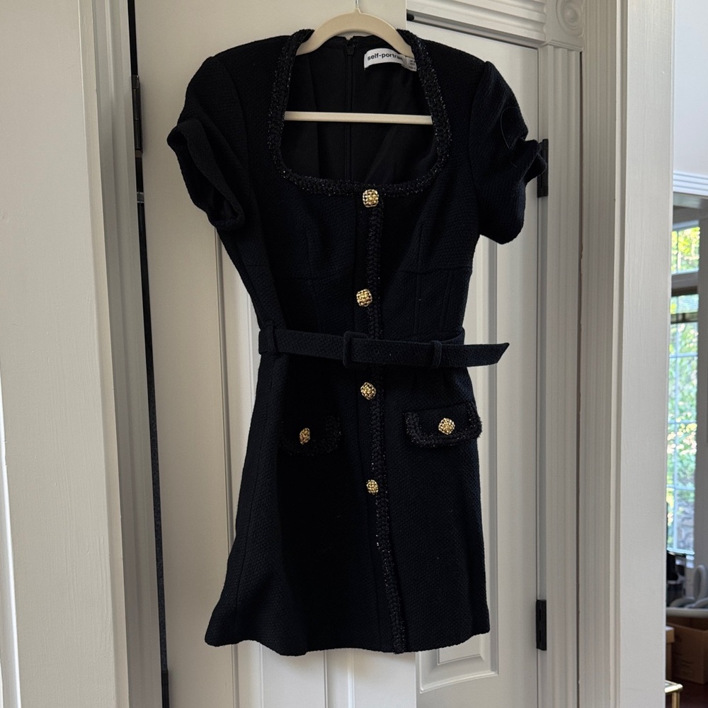 Self-Portrait Black Tweed Short-Sleeve Belted Mini Dress with Gold Buttons